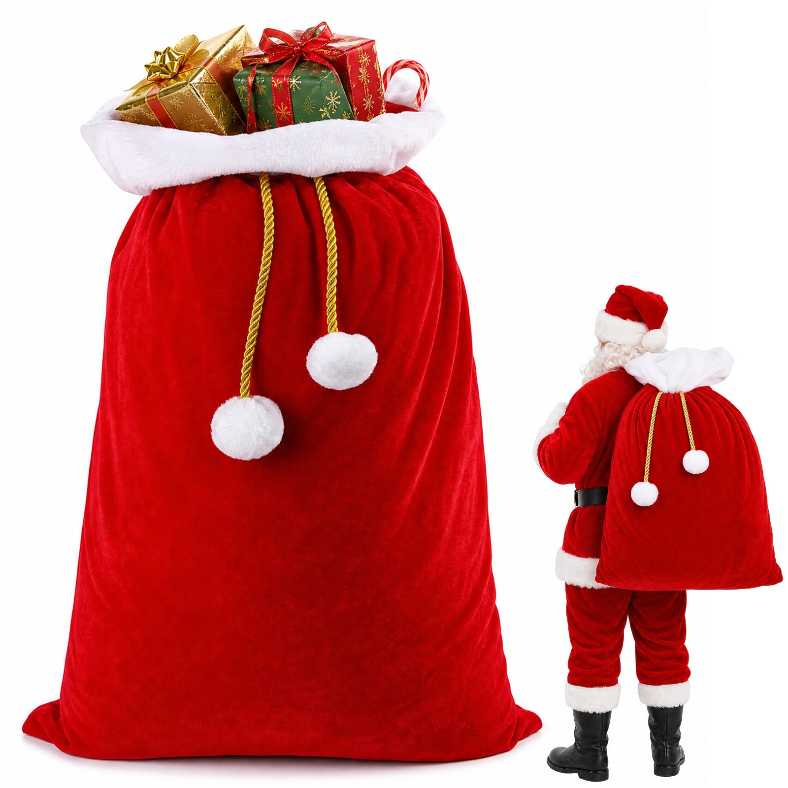 Santa Sack, (60 * 70 cm) Red Santa Sack for Gift Storage,Velvet Fabric, Drawstring Closure, Reusable Christmas Presents Gift Storage, Drawstring Closure, Stocking Bag for Present Toys
