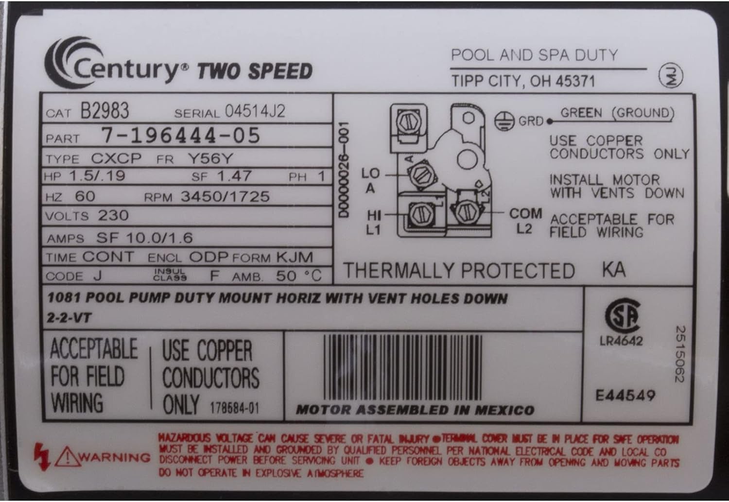 1.5 Horsepower 2-Speed 56Y Frame 230 Volts Square Flange Pool Motor Century B2983