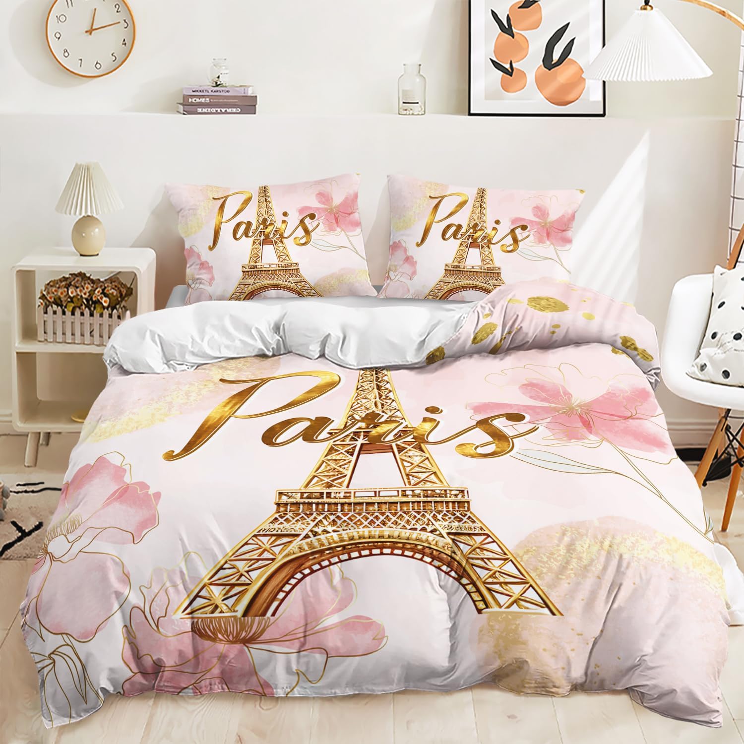 AILONEN Eiffel Tower Pink Duvet Cover Set Twin Size,Tie Dye Flower Comforter Cover Set for Girls Women,3-Piece Pink and Gold Watercolor Gold Paris Duvet Cover with 2 Pillowcases