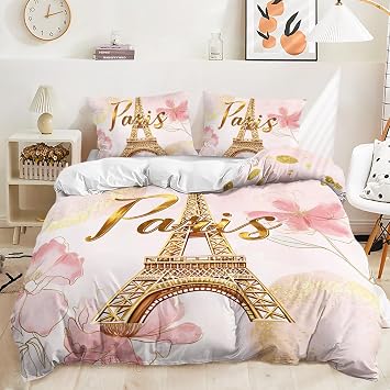 AILONEN Eiffel Tower Pink Duvet Cover Set Queen Size,Tie Dye Flower Comforter Cover Set for Girls Women,3-Piece Pink and Gold Watercolor Gold Paris Duvet Cover with 2 Pillowcases