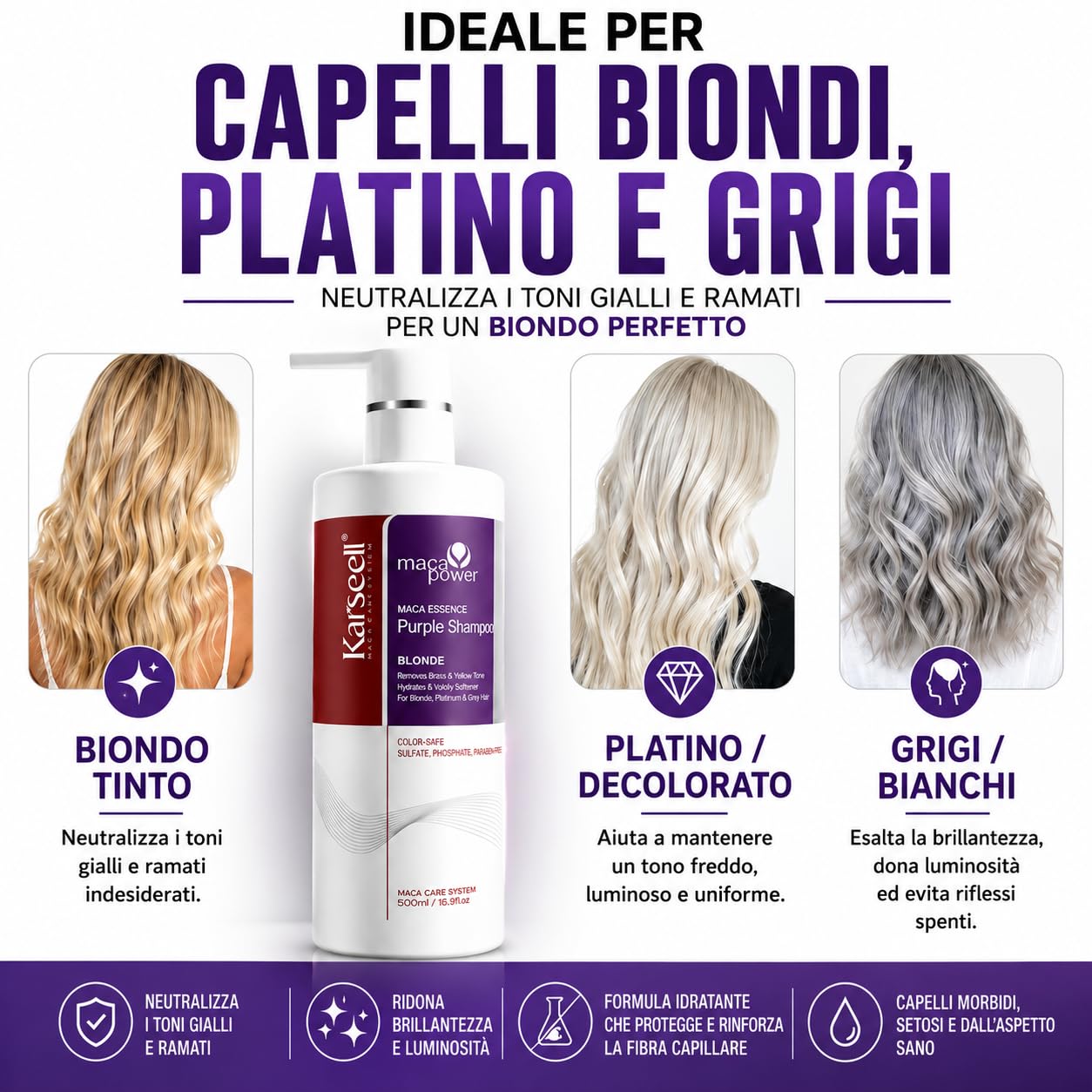 Karseell MACA CARE SYSTEM Set Professionale Antigiallo Maschera Viola 500ml Shampoo Viola 500ml Siero Olio di Argan 50ml per Capelli Biondi Platino e Grigi Idratante Riparatore Antifrizz