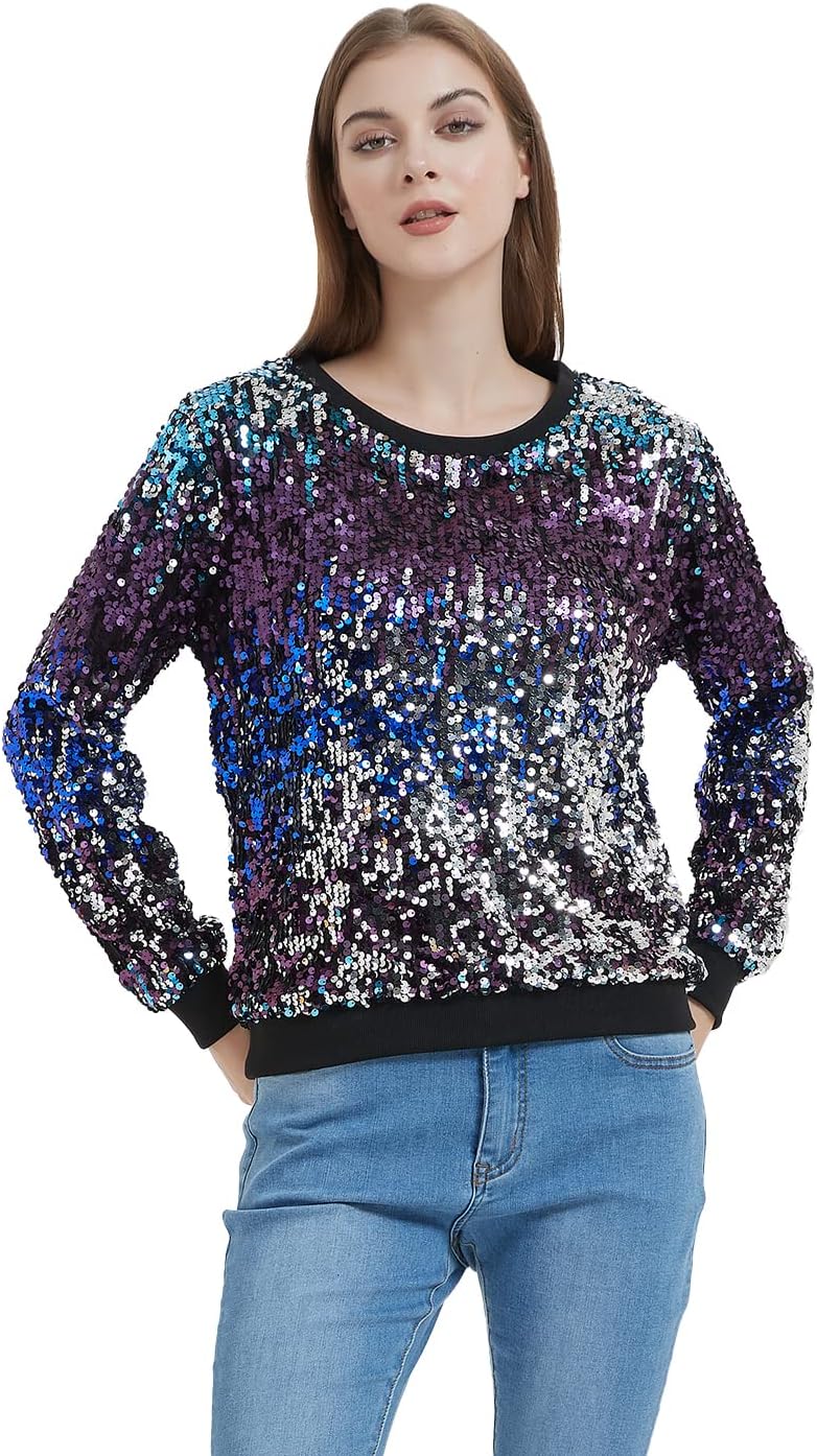 Anna-Kaci Women Juniors Sparkly Long Sleeve Sequin Pullover Sweatshirt Top,