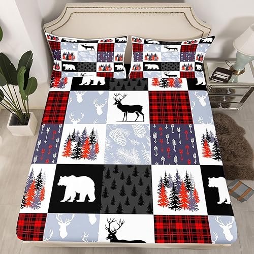 Miniatura 202 de Sábana bajera ajustable de oso de caza, juego de ropa de cama a cuadros de búfalo, sábanas de retazos de cabaña rústica para niños, niños, Multi