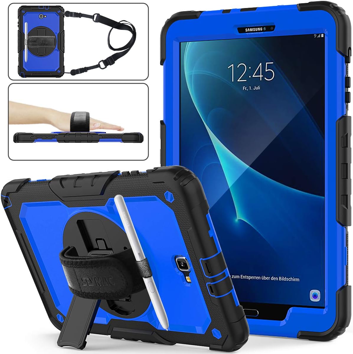 SEYMAC stock Case for Galaxy Tab A 10.1 T580/T585/T587 , Protection Case with 360 Degrees Rotating Stand Pencil Holder [Screen Protector] Hand Strap for Samsung Tab A 10.1(Blue+Black)
