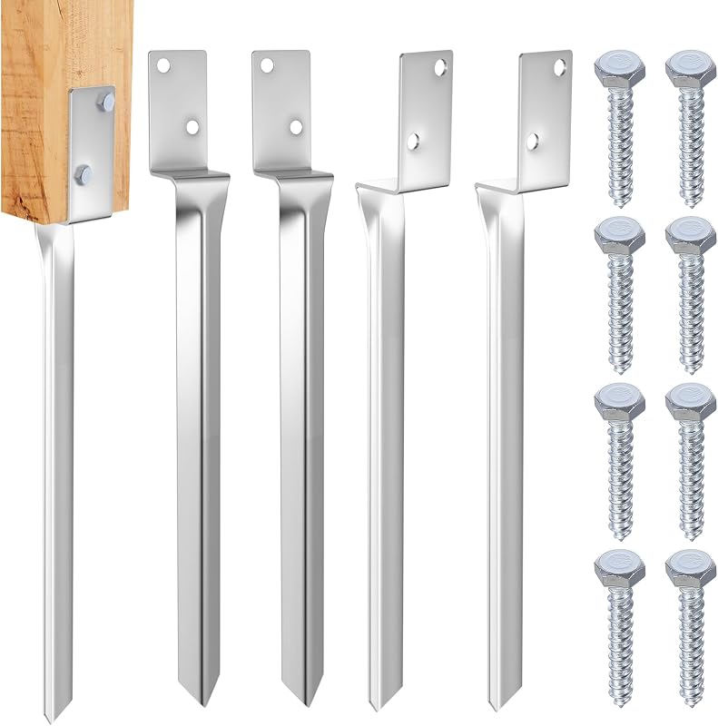BOJIUKEJI set 4 suporturi de fixare pentru stâlpi de gard din lemn în formă de L, consolă de îmbinare grinzi de 44 cm pentru sol