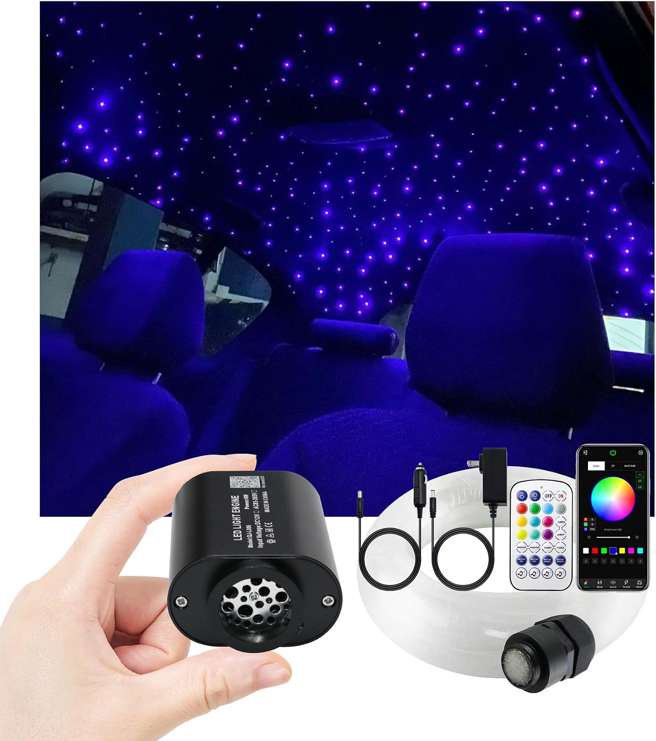 Mini Size 6W Starlight Headliner Kit Twinkle Fiber Optic Lights, APP Control RGBW Led Music Activated 500pcs*0.03in(6.5ft/2m) Optical Fiber Optic Star Ceiling Kit for Home and Car Headliner Star
