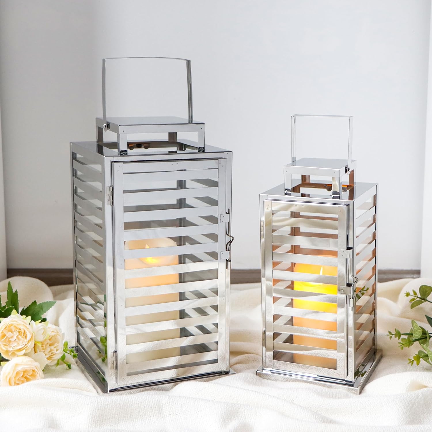 TRIROCKS Set of 2 Stainless Steel Lantern 15 &12" H Decorative Candle Lanterns with Tempered Glass Panels Indoor & Outdoor Candle Holder for Living Room Weeding Parties Events - Silver Finish