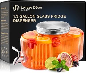 Glass Punch Bowl - 100% Leakproof Stainless Steel Spigot - Drink Dispenser for Fridge, Liquid Laundry Detergent Dispenser, Beverage Dispenser for Parties, Water Dispenser Countertop, 5L Jug