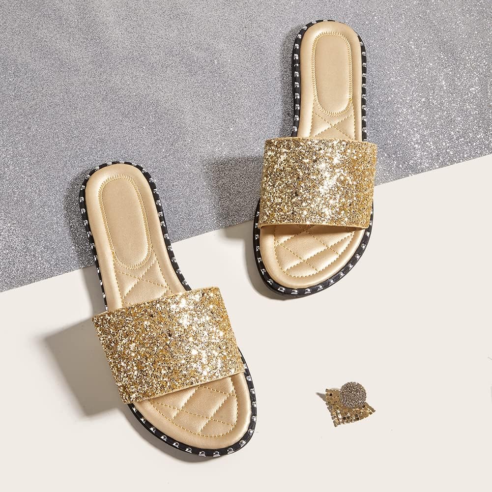Women's Open Toe Flat Sandals Rhinestone Glitter On Casual Fashion Slippers Quick Drying Indoor & Outdoor Slides
