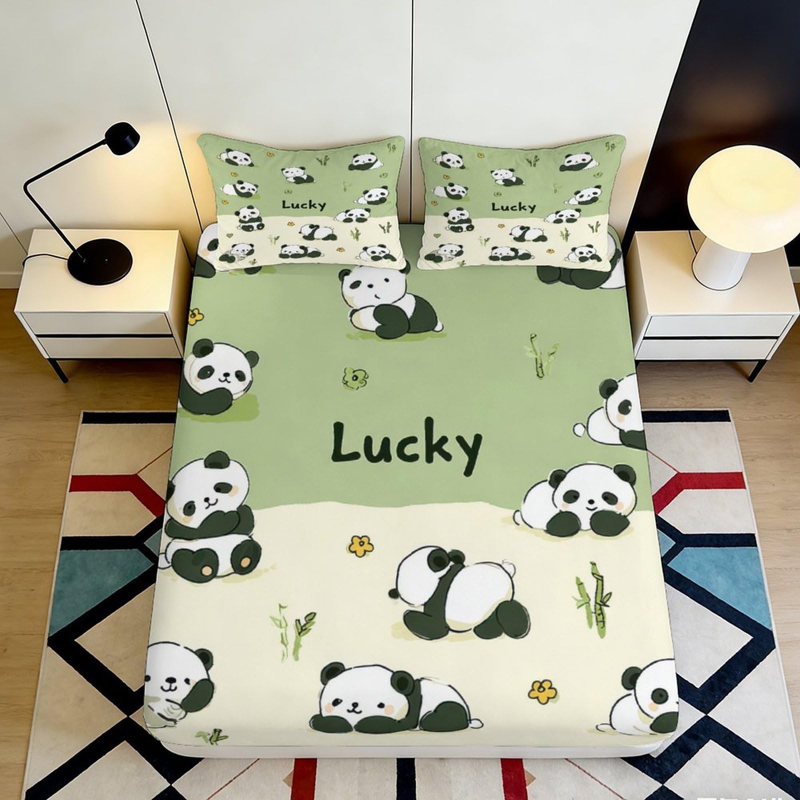 3D Printed Cute Panda Fitted Sheet Microfiber Soft Green Cartoon Animal Mattress Cover Bedroom Dorm Decor 140x200x25cm