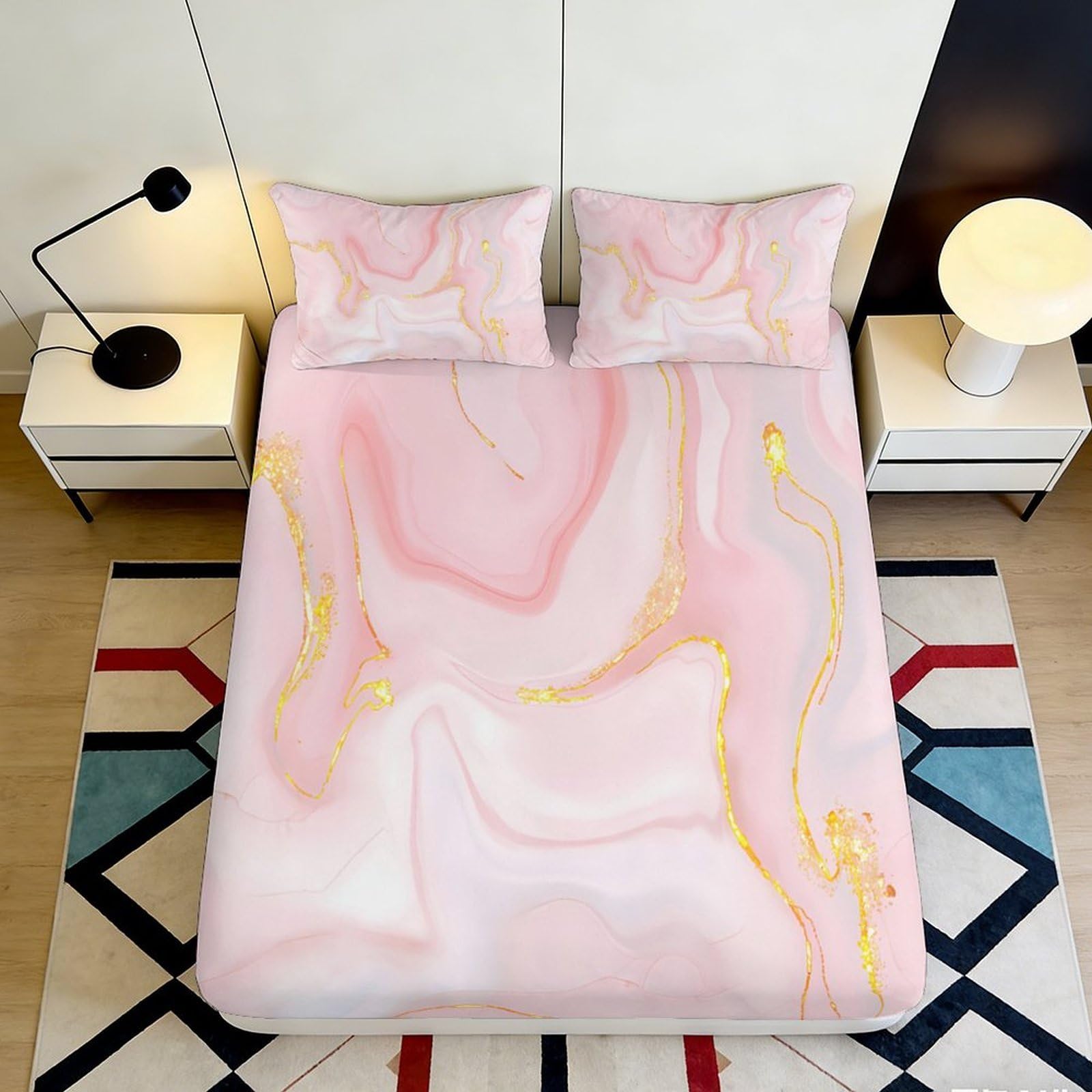 Pnayamiorkfel Style-6 3D Printed Pink Marble Fitted Sheet Microfiber Soft Touch Gold Vein Bed Cover For Bedroom Guest Room Dorm Mattress Decor 90X200x25cm
