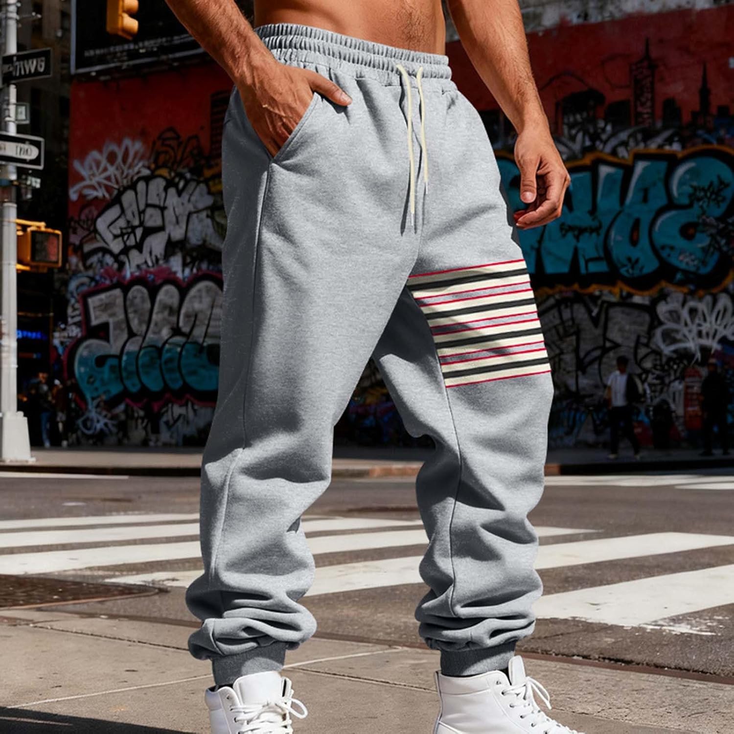 Cambkatl Men's Striped Fleece Jogger Pants - Stretch Loose Outdoor Athletic Casual Sweatpants with Pockets