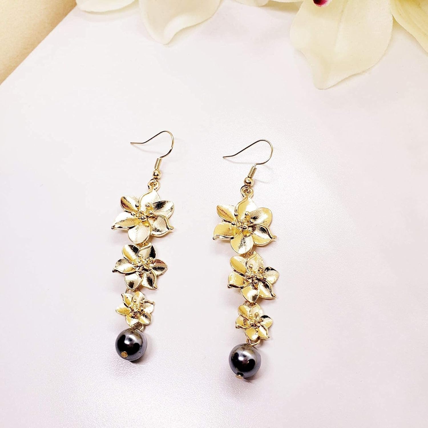 Gold Plumeria Floral Dangle Pearl Earrings