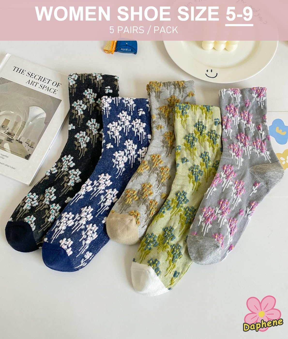 Daphene Womens Retro Floral Socks | Cozy Cotton Vintage Jacquard Patterns | Stretch Breathable Skin-Friendly | Holiday Gift - Image 3