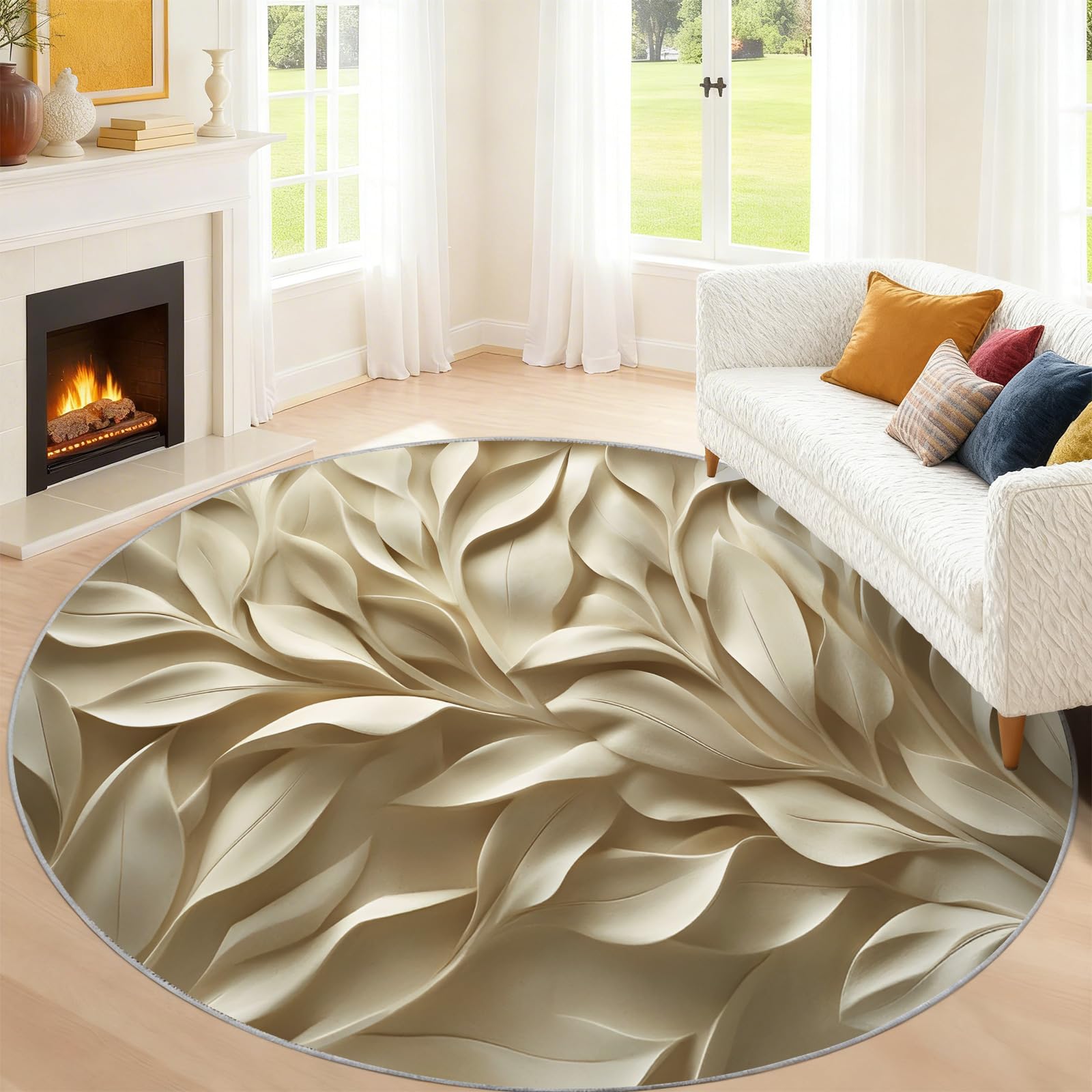 Runder Teppich mit 3D-Blättern, 18 cm, Beige | Minimalistische Teppiche für Esszimmer, weicher niedriger Flor, waschbar, moderne Flurdekoration, Teppiche und Bodenteppich
