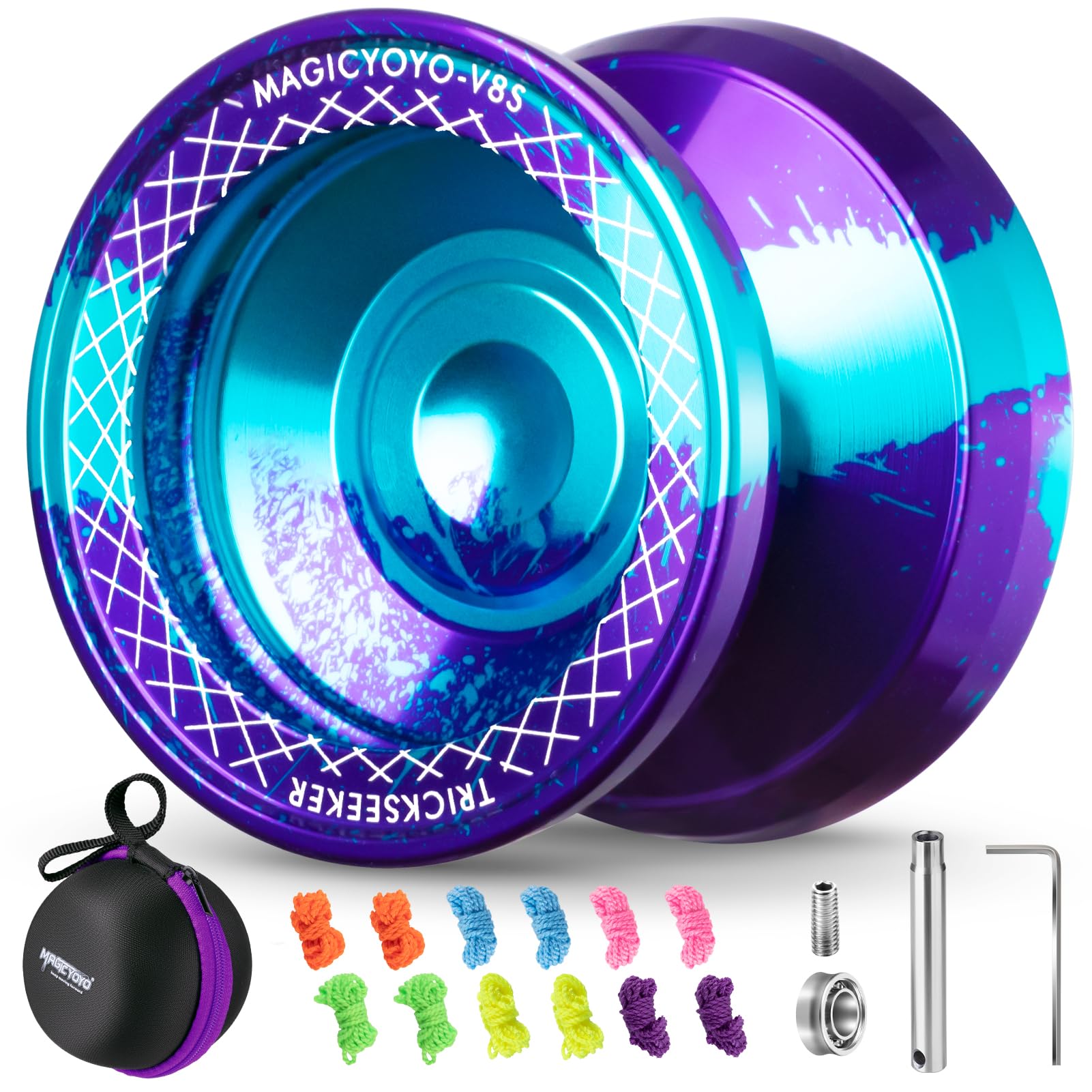 Yoyo Professional Responsive Yoyo V8s - Dual Purpose YoYo for Kids Beginners, Pro Metal Yo-Yo for Adults with Unresponsive Yo yo Bearing + 12 Strings, Case Bag, Removal Tool (Purple Blue)