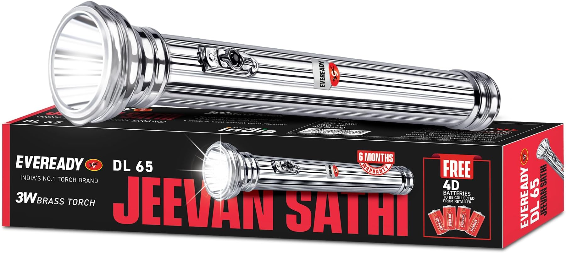 Eveready Jeevansathi DL65 | 3W Torch with Retro & Classic Touch | Powered by 4xD Battery | Super Bright White LED | 20000 Lux Output | 3.5 km Radius | Flasher Function | Durable Brass Body | Silver