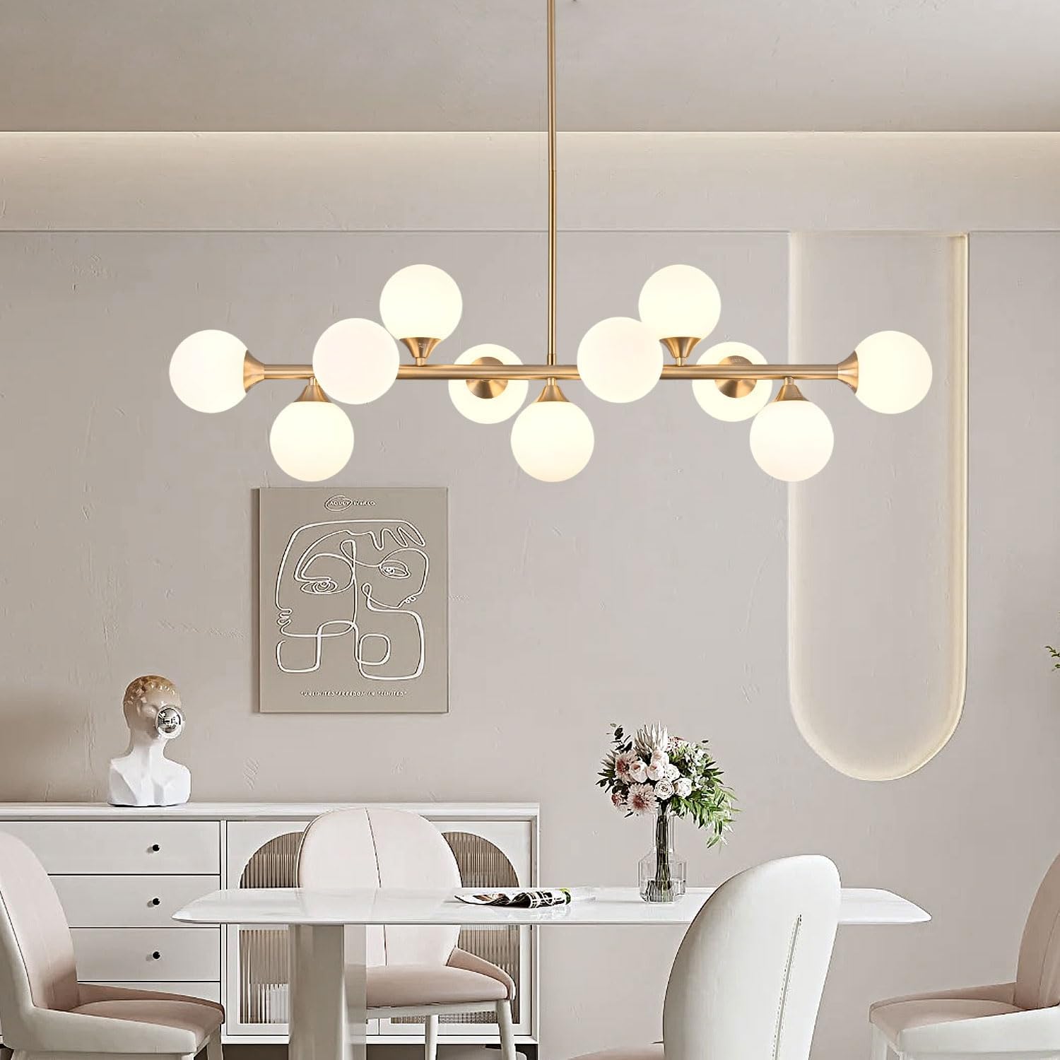 Mid Century Modern Gold Chandelier ，Dining Room Over Table Pendant Light Fixtures，Linear Globe Sputnik Chandeliers for Kitchen Island ， with Milk White Bubble
