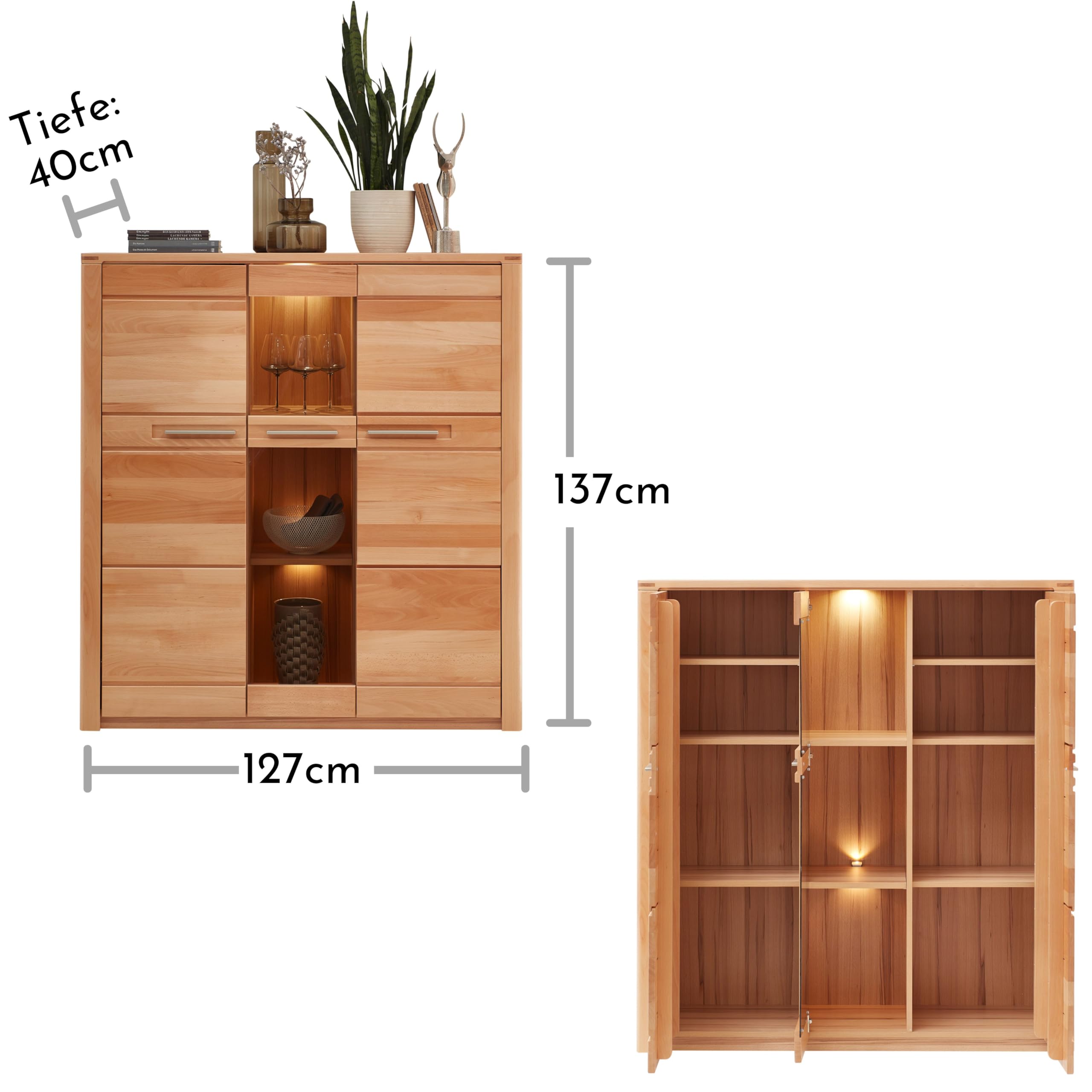 Nature ONE Highboard in Kernbuche Teil-massiv FSC-Zertifiziert - Moderner Wohnzimmerschrank mit viel Stauraum und LED-Beleuchtung - 127 x 137 x 40 cm (B/H/T)