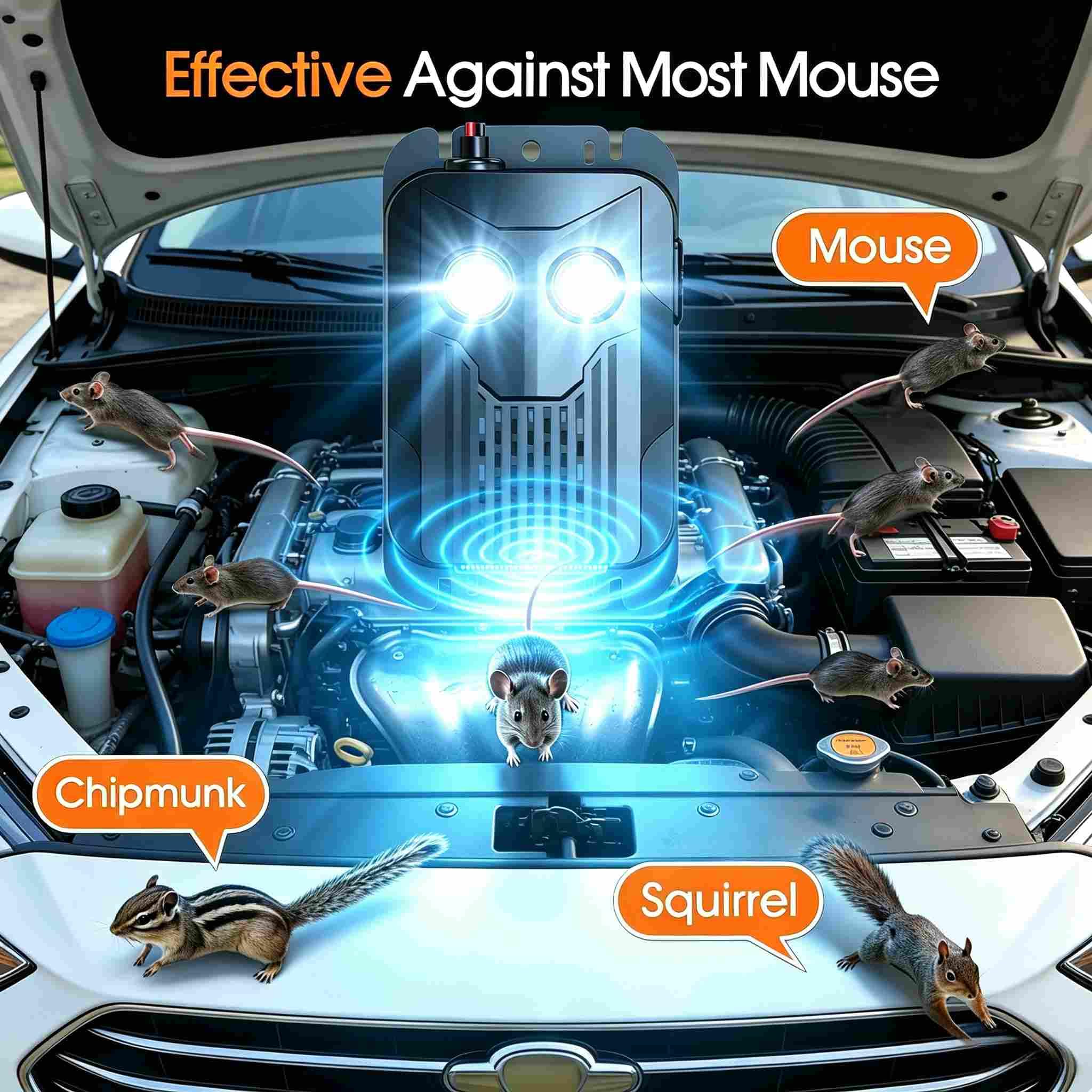 2X Repelente de Ratones para Bajo el Capó, con Flash y Alimentado por Baterías, Repelente Ultrasonico para Motor de Coche, Repulsión Efectiva para Alejar Ratones de Coches, Desváns y Graneros
