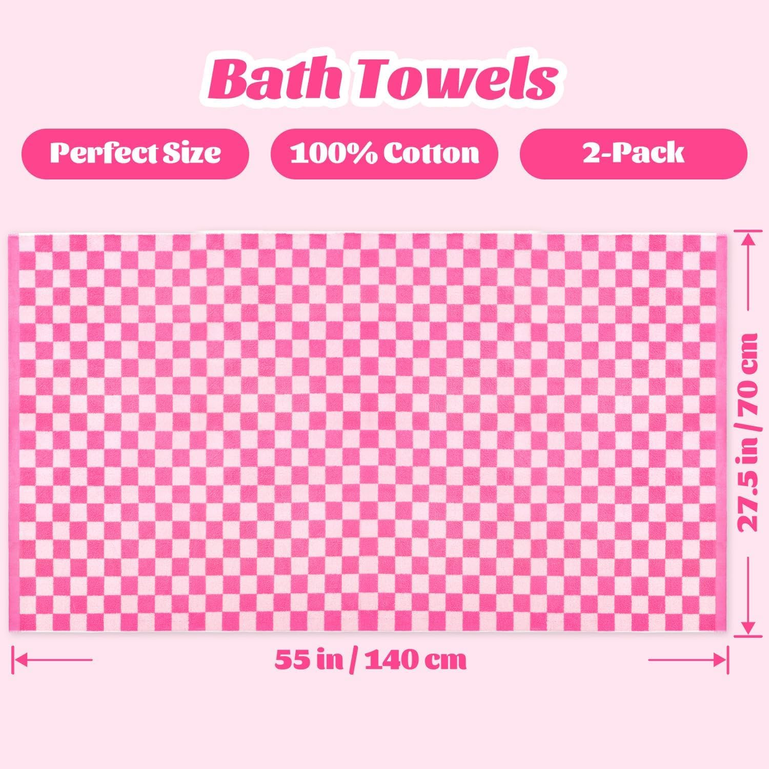 Jacquotha Hot-Pink Checkered Cotton Bath Towels Set of 2 - Cute Aesthetic Bathroom Towels for Women Girls Teens, Valentines Bathroom Decor 27.5" x 55" - Image 7