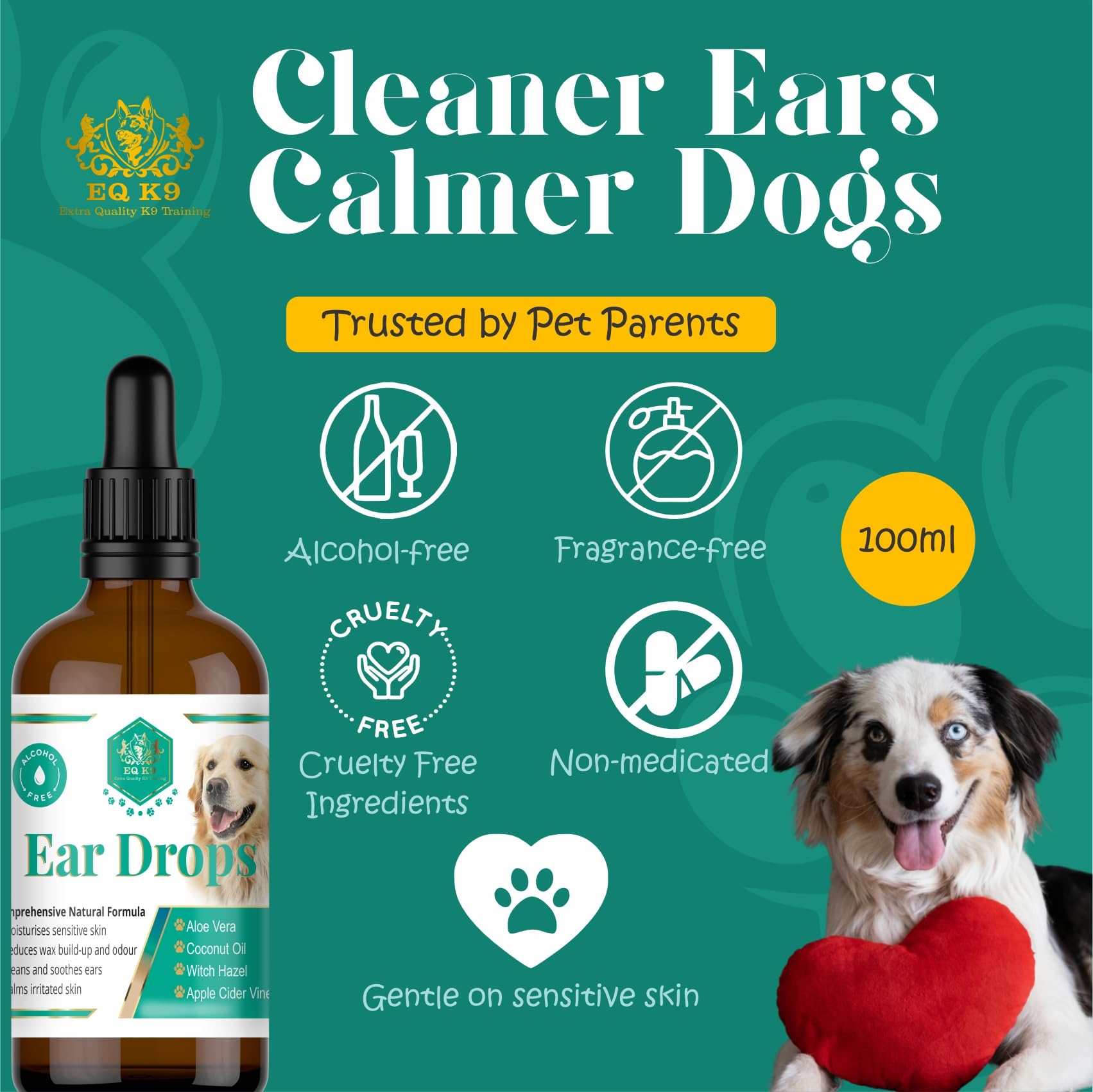 EQ K9 Dog Ear Drops, Natural Ear Cleaner for Dogs Soothes Itchy Ears, Removes Wax & Odour - Image 3