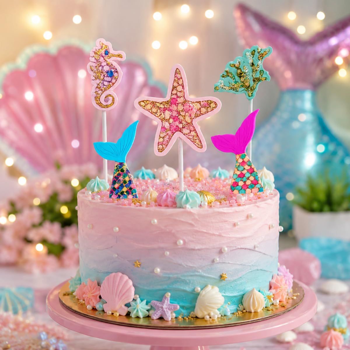 5 Pcs Mermaid Theme Birthday Decorations Cake Topper Set for Girls Party-image-49