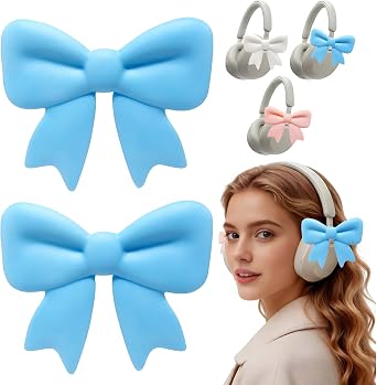 NEWFLAG 2 Pack Silicone Bow Headphone Accessory,3D Cute Clip-on Bows for Headphones,Detachable Decoration for Women,Girls and Gamers,Universal Fit for Most Headphones Blue