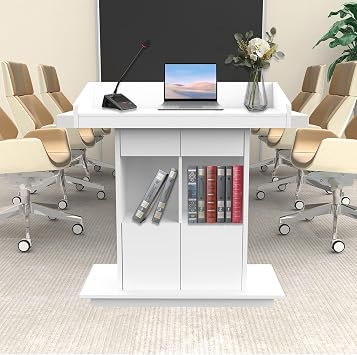 Portable Podium Stand, Podium Stand with Wheels, Church Pulpit with Storage, Church Podium Stands, Wooden Podium, Modern Podium, Lecterns Podiums, L39.4" x W20" x H44.3" White