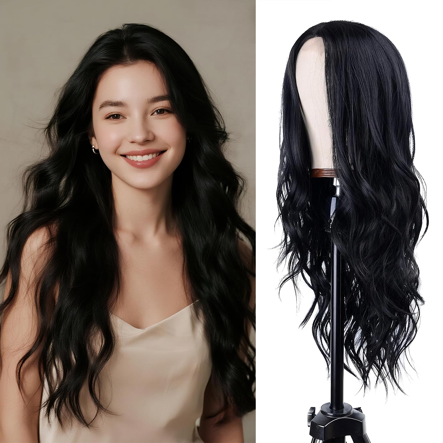 26 Inch Long Black Wig for Women Long Wavy Synthetic Wig Middle Part Natural Looking Heat Resistant Hair Wig for Daily Wear, Cosplay & Halloween Party