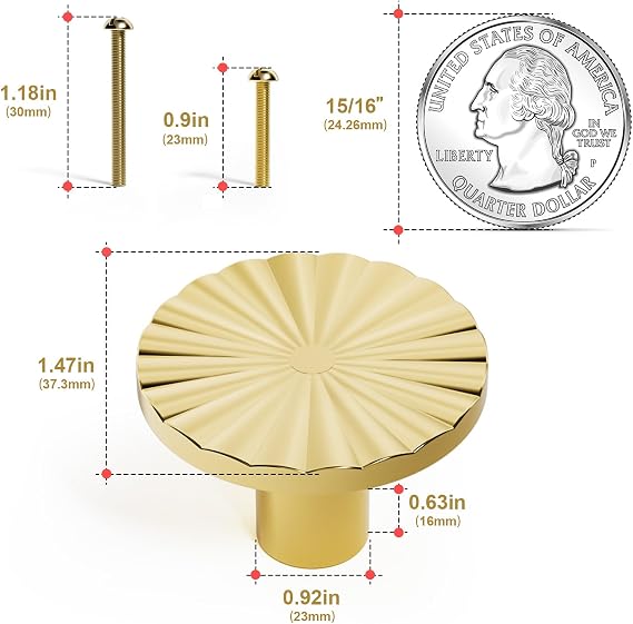 6 Pack Gold Cabinet Knobs, Brass Flat Drawer Pulls Round Cabinet Door Knobs Kitchen Cupboard Bathroom Dresser Cabinet Hardware Handles