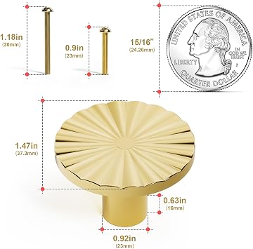 6 Pack Gold Cabinet Knobs, Brass Flat Drawer Pulls Round Cabinet Door Knobs Kitchen Cupboard Bathroom Dresser Cabinet Hardware Handles