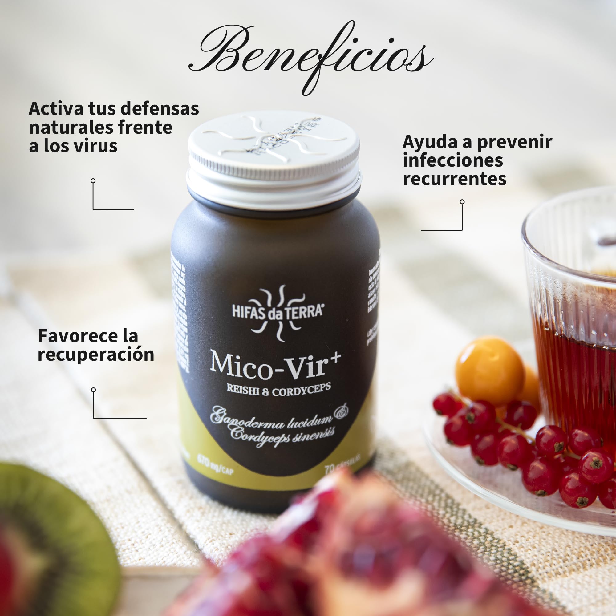 HIFAS DA TERRA - Mico-Vir+ Extractos Puros de Reishi y Cordyceps con Vitamina C - Refuerzo inmunitario natural, energía y recuperación - Extracto de Hongos - Refill 60 Cápsulas