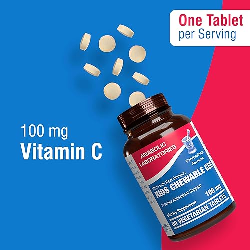 Miniatura 3 de Tabletas masticables de vitamina C para niños, 100 mg de vitamina C con sabor natural a naranja, 60 tabletas vegetarianas para apoyo antioxidante,