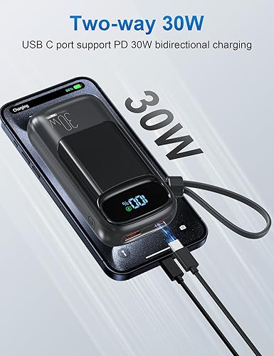 Miniatura 4 de Cargador portátil pequeño con cable USB-C integrado para iPhone serie 1615, 10000 mAh, 30 W, cargador de batería compacto de carga rápida, batería