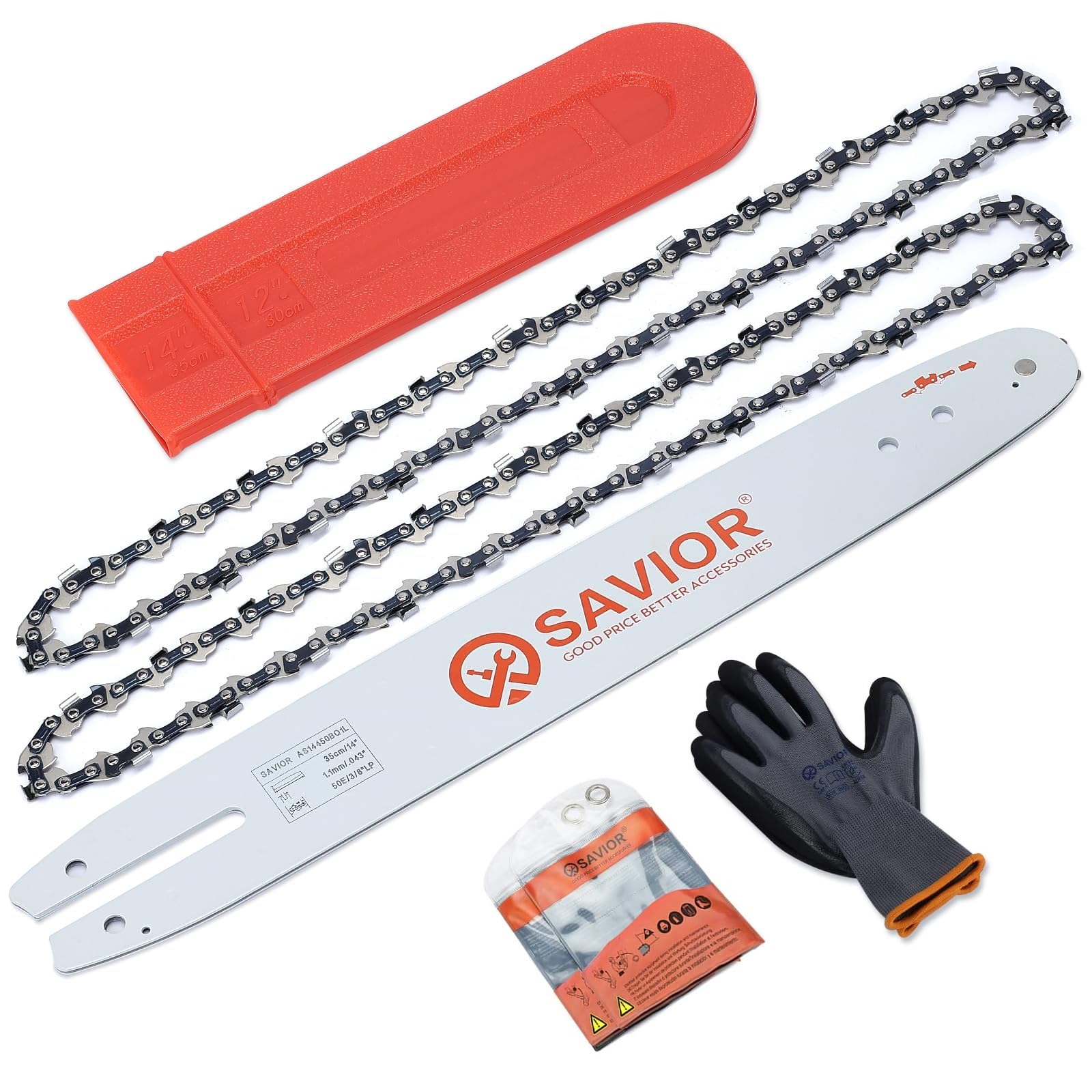 Savior Lot de 2 Chaînes de tronçonneuse avec Protège-guide et Guide de 35 cm Compatible avec Stihl MS170 MS171 MS180-3/8"LP 1,1 mm 50 Maillons