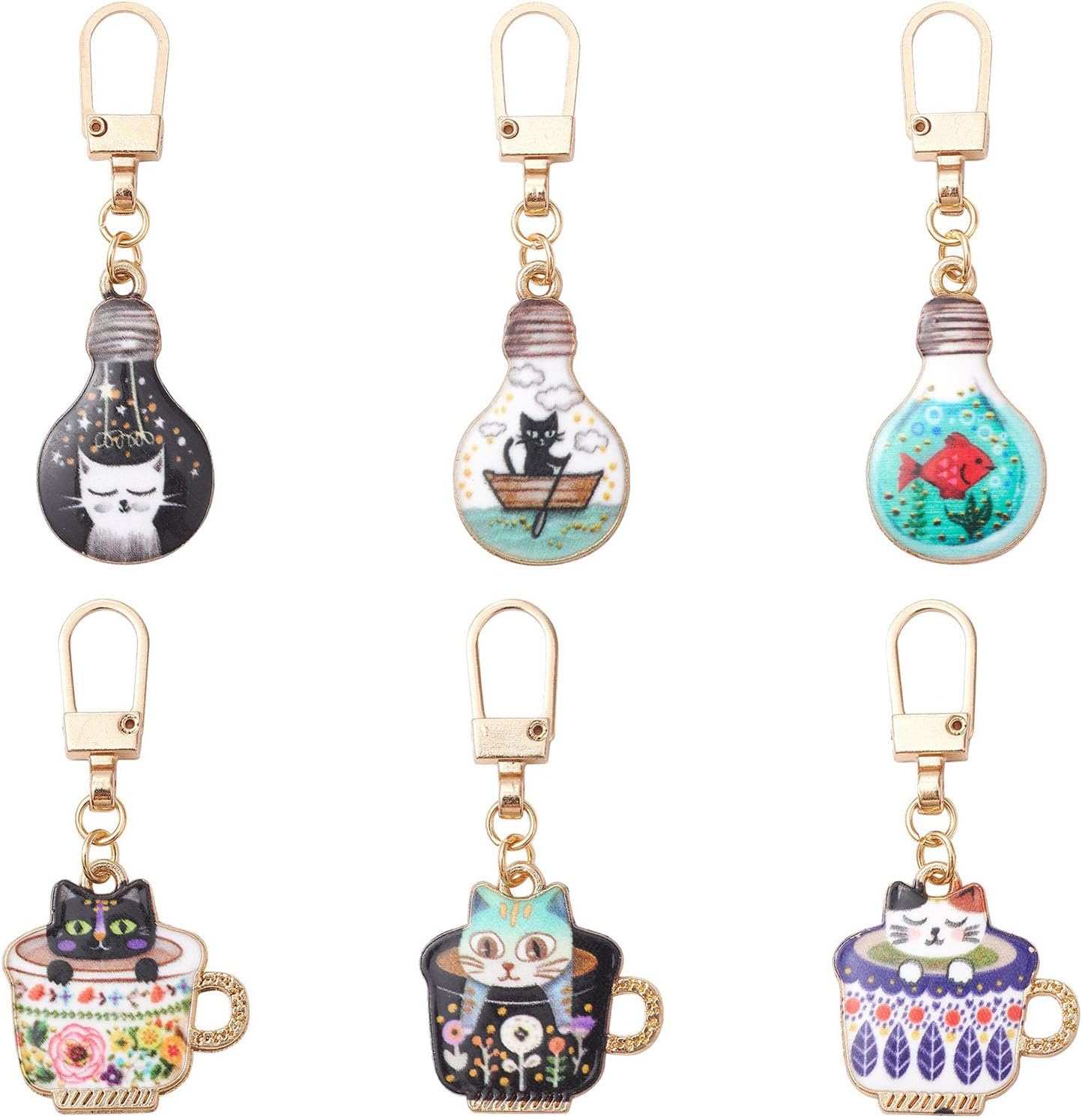 LiQunSweet 6 Pcs 6 Styles Light Bulb Cup with Cat Alloy Enamel Zipper Puller Cut Animal Zip Pull Tab Replacement Charms for Keychain Jewelry Accessory