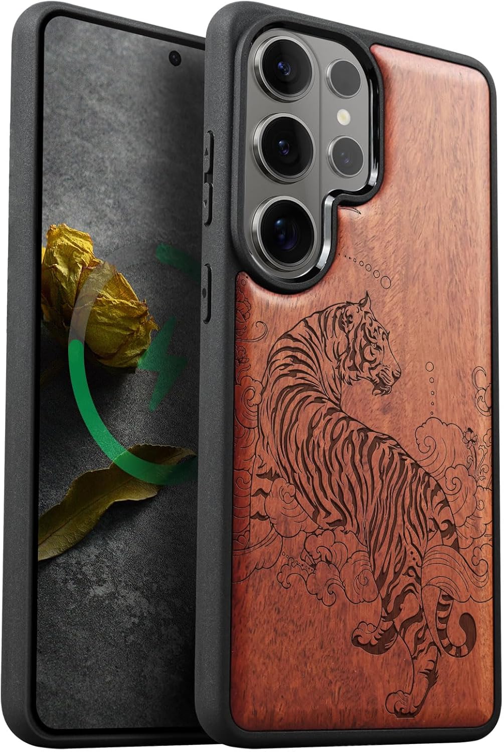 Carveit Magnetic Wooden Case for Samsung Galaxy S26 Ultra Case 2026, TPU Shockproof Cover & Wood Artisan Engraved, Compatible with MagSafe Wireless Chargers (Graceful Tiger) Rosy