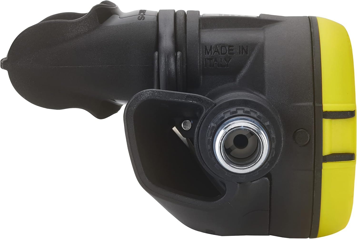 lateral view of SCUBAPRO R105 Octopus showing the hose attachment point and 'Made in Italy' stamp