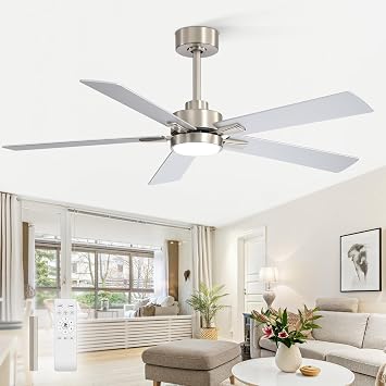 Ceiling Fans with LED Lights, 52 Inch 5-Blade Ceiling Fan Remote Control, Industrial Ceiling Fan with Reversible DC Motor, Downrod Mount LED Ceiling Light Chandelier for Bedroom Satin Nickel