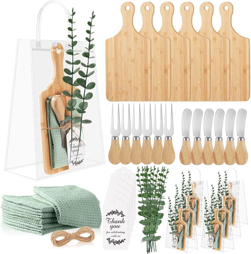 49 Pcs Baby Shower Prizes for Game Winners Bamboo Cheese Board Fork Spreaders Towel Thank You Card with PVC Gift Bags for Guests Baby Shower Wedding Bridal Shower Favors (6 Sets)