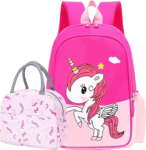 Mochila de viaje para niños y niñas de preescolar con diseño de dibujos animados, ligera, fresca y bonita, con bolsa de almuerzo, Unicornio rosa M,