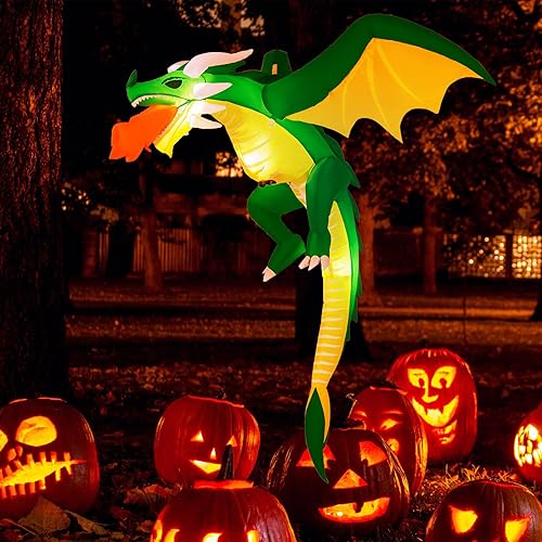 Miniatura 8 de GOFLAME Dragón colgante inflable de Halloween de 5 pies, decoración de patio con luces LED integradas, dragón volador de Halloween para árbol,