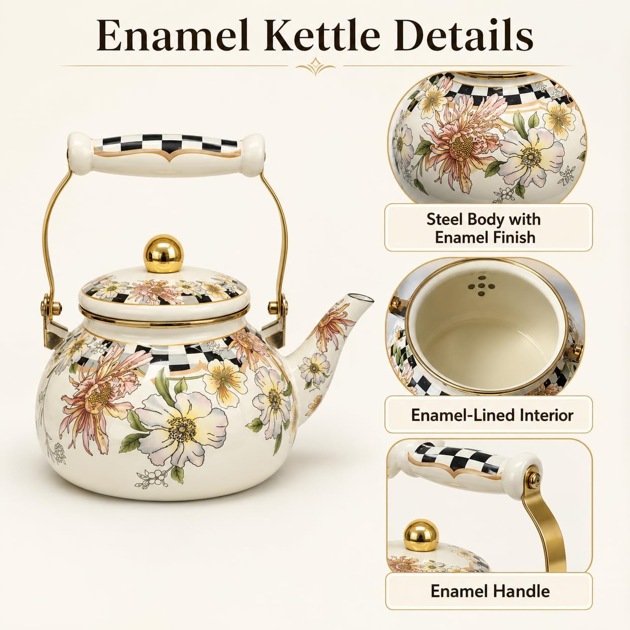 2.5L Floral Enamel Tea Kettle for Stovetop, No Whistling | Works with gas, electric, halogen and induction cooktops; includes 4.13 x 3.34 in silicone glove.