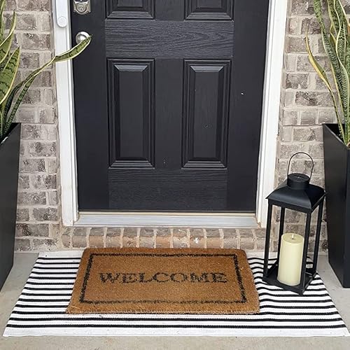 Black And White Outdoor Rug 2' X 4.3' Striped Front Porch Rug Hand-Woven Cotton Rug Machine Washable Floor Mat Indoor/Outdoor Area Rug For Layered Door Mats/Farmhouse/Living Room (2' X 4.3') #TOP3