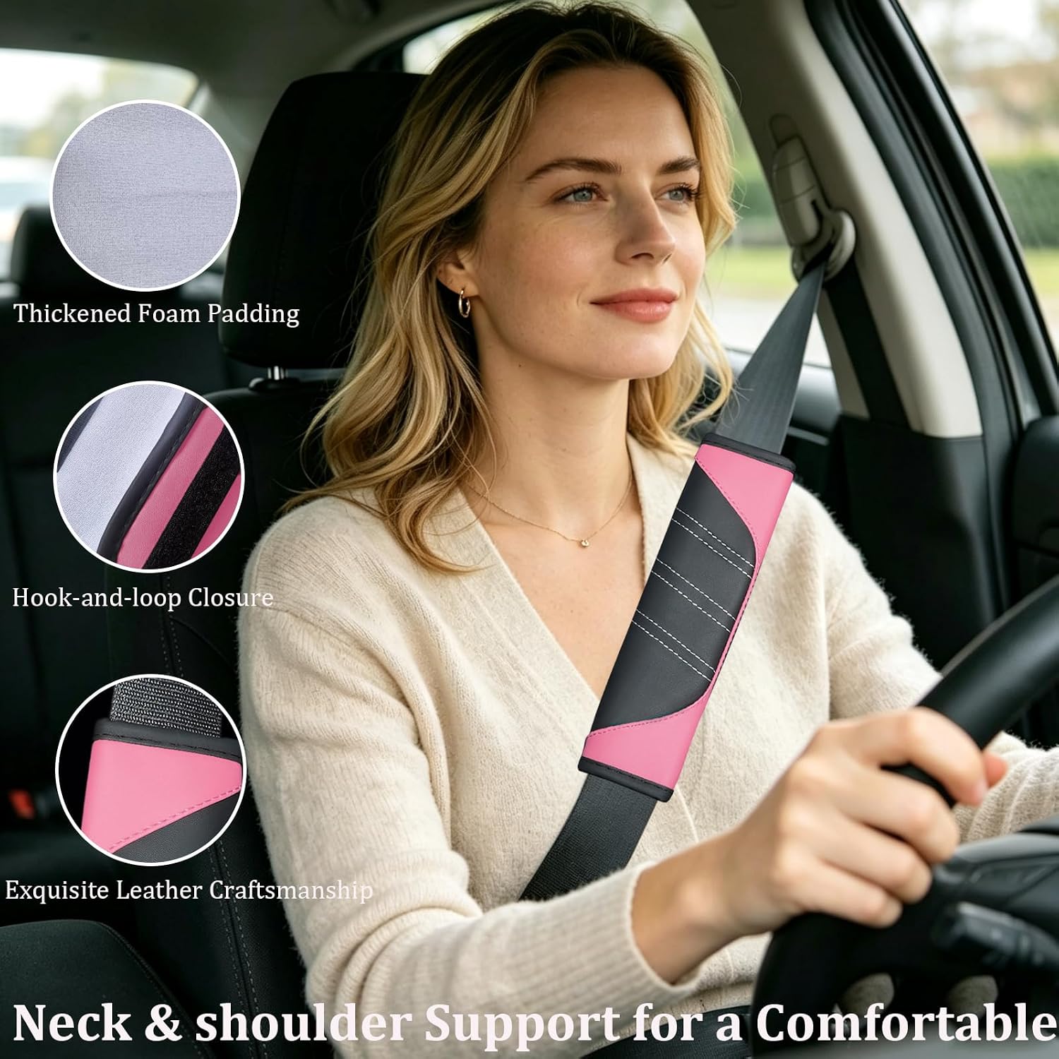 10PCS Car Interior Accessories Sets,Steering Wheel Cover, Seat Belt Cover Pads, Center Console Cover,Cup Holder Coasters,Air Vent Decorative Clip(Pink)