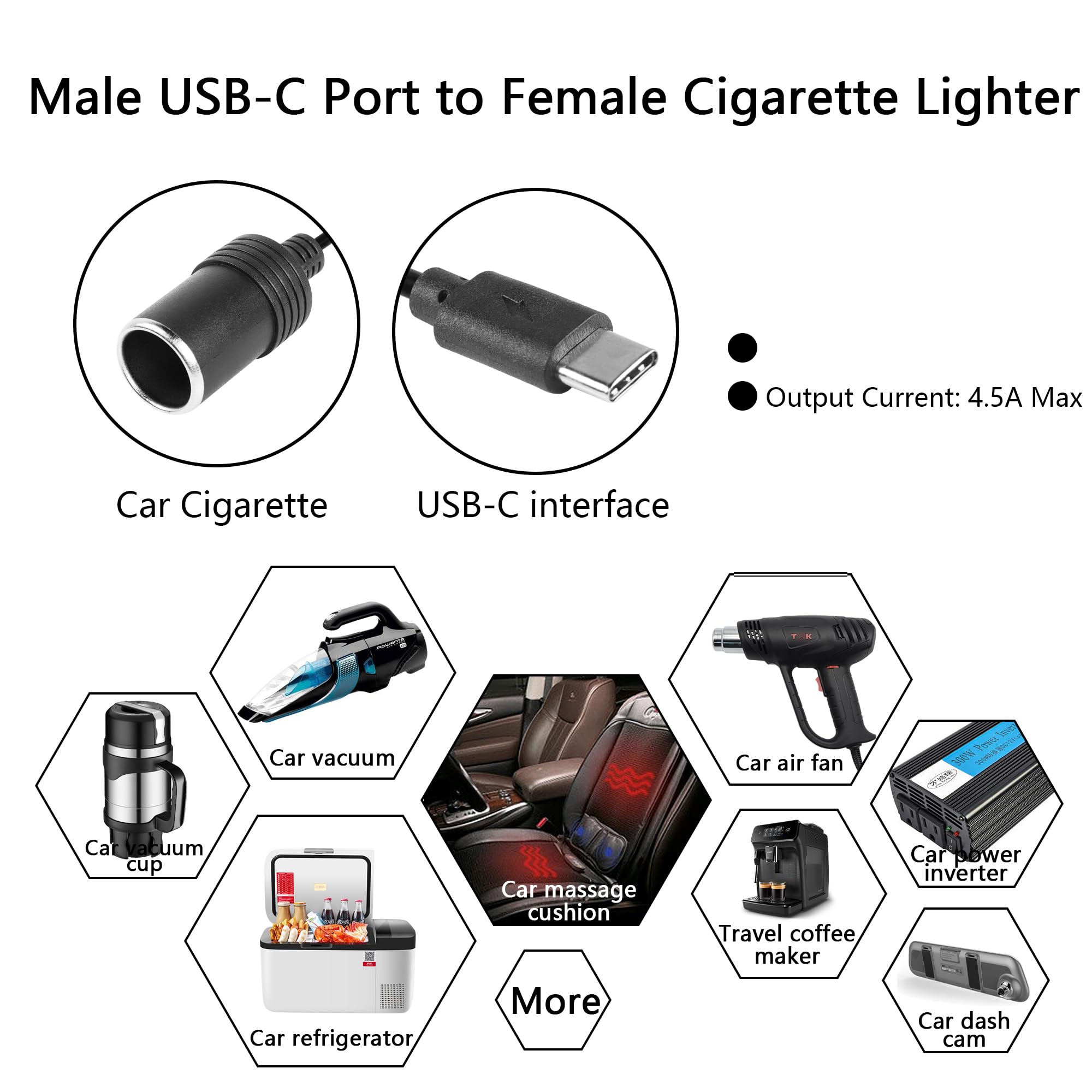 CERRXIAN Adapter USB C męski na zapalniczkę typu C na zapalniczkę do zapalniczki samochodowej wyjście regulowane napięcie 5V-9V-12V-15V-20V PD kabel do szybkiego ładowania maksymalna moc 60 W