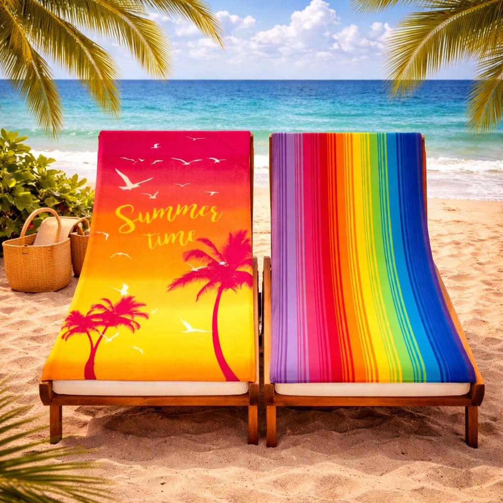 Adore 2 Pack Microfibre Beach Towels 70x140cm - Sand Free Lightweight Quick Dry - Soft Travel Towels for Beach and Pool, Summertime Palms and Stripes