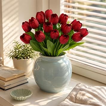Decorative Artificial Flowers 21pcs Real Fake Tulips Flower Bouquet Tulip Gifts for Mum DIY for Wedding Bridal Bouquets Red for Home Party Garden Hotel Decoration 0109