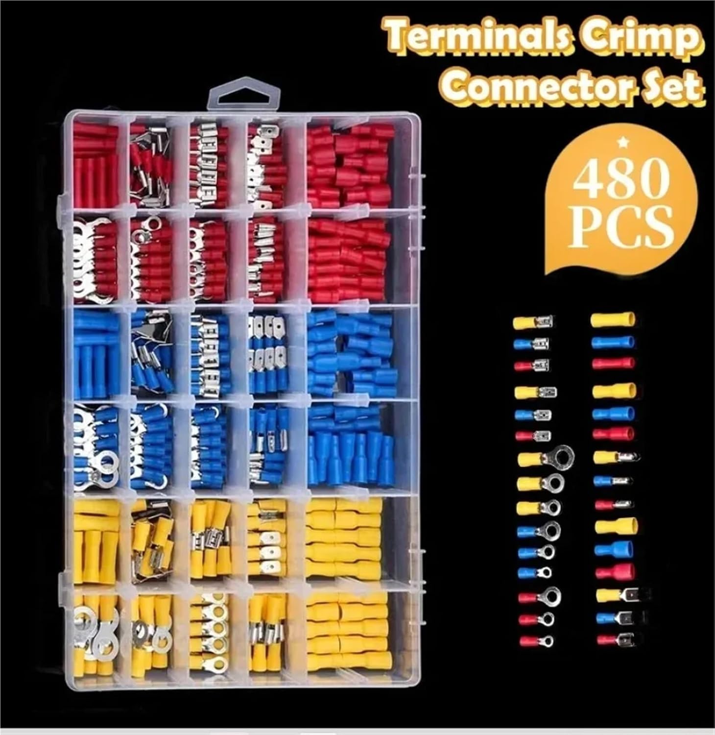 Crimp Connectors 280-1200PCS Insulated Cable Connector Electrical Wire Crimp Spade Butt Ring Fork Set Lugs Rolled Terminals Assorted Kit for Automotive Marine Boat Truck(480PCS)